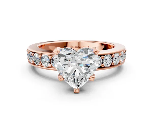 Heart Cut Diamond Engagement Ring with Channel Set Round Band and Prong Setting Rose gold
