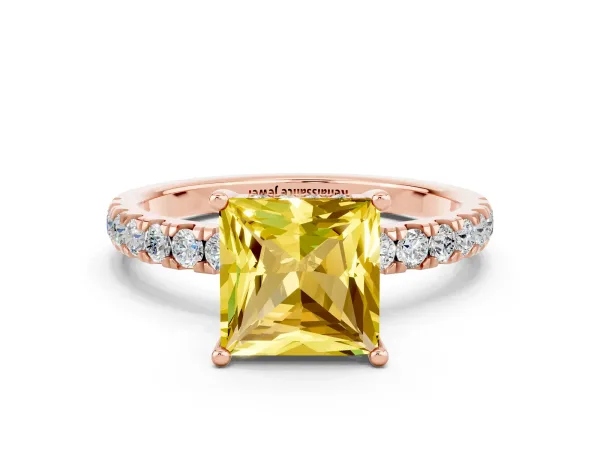 Princess Cut Yellow Sapphire Pave Band Solitaire Ring with Round and Prong Setting Rose gold
