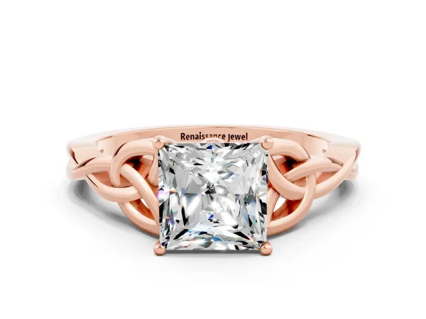 Princess Cut Moissanite Solitaire Celtic Knot Ring with Four-Prong Setting Rose gold