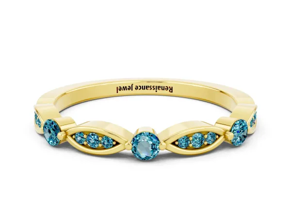 Marquise and Round Blue Topaz Milgrain Band with Bezel Setting Yellow gold