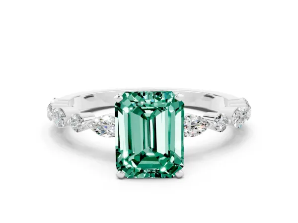 Emerald Cut Green Sapphire Ring with Marquise and Round Side Stones and Four-Prong Setting White gold