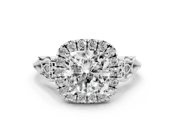 Cushion Cut Halo Diamond Engagement Ring with Filigree Band and Four-Prong Setting White gold