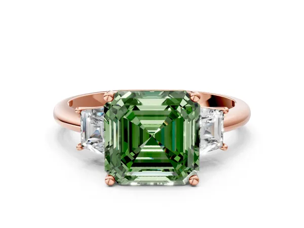 Fancy Green Asscher Cut Diamond Three-Stone Ring with Trapezoid Side Stones and Prong Setting Rose gold