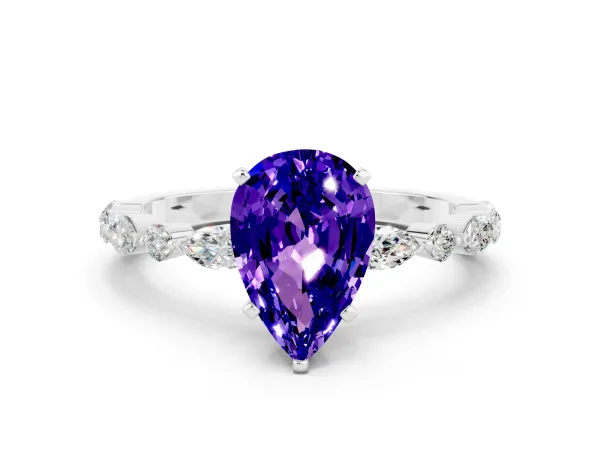 Pear Cut Tanzanite Ring with Marquise and Round Side Stones and Four-Prong Setting White gold