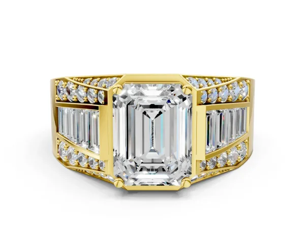 Emerald Cut Diamond Mens Ring with Baguette Side Stones Yellow gold