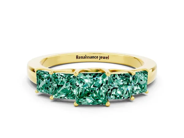 Princess Cut Five-Stone Green Sapphire Ring with Classic Prong Setting Yellow gold