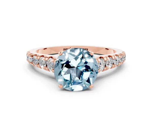 Round Cut Aquamarine Cathedral Solitaire Ring with Round Pavé Band Rose gold