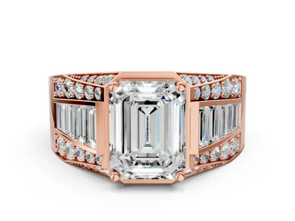 Emerald Cut Diamond Mens Ring with Baguette Side Stones Rose gold