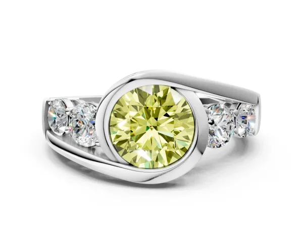 Fancy Yellow Bezel Set Round Cut Diamond Bypass Ring with Round Accents Silver
