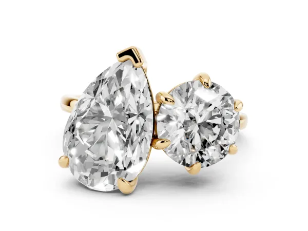 Round and Pear Toi Moi Ring with Prong Setting and Plain Band Yellow gold