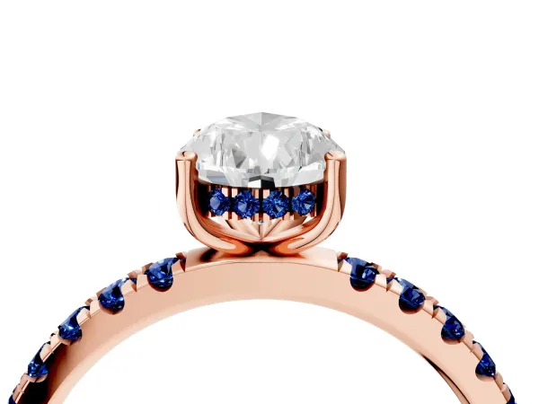 Pear Cut Diamond Pave Band Solitaire Ring with Round Blue Sapphire and Prong Setting Rose gold