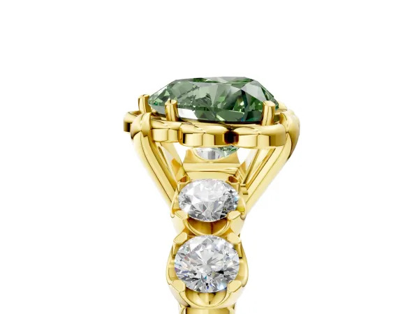Fancy Green Heart Cut Cut Diamond Floral Halo Engagement Ring with Shared Prong Setting Yellow gold