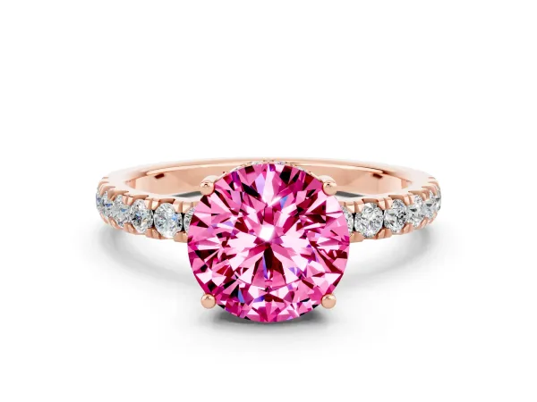 Round Cut Pink Sapphire Pave Band Solitaire Ring with Round and Prong Setting Rose gold