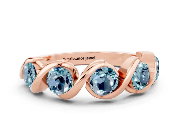 Round Aquamarine Wave Band with Channel Setting and Shared Prongs Rose gold