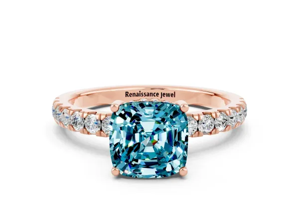 Cushion Cut Blue Topaz Pave Band Solitaire Ring with Round and Prong Setting Rose gold