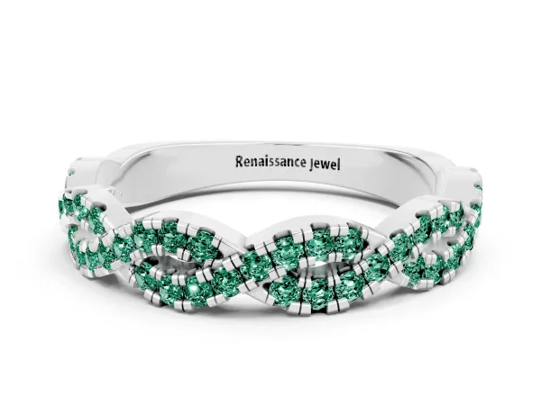 Round Green Sapphire Twisted Eternity Band with Pavé and Shared Prong Setting Platinum