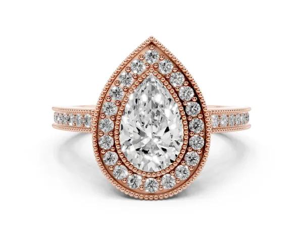 Pear Cut Cut Halo Diamond Ring with Pavé Band and Milgrain Prong Setting Rose gold