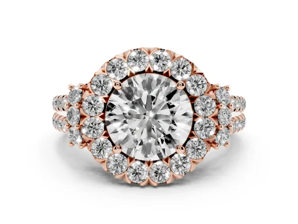 Round Cut Cut Double Halo Diamond Engagement Ring with Pave Band and Four-Prong Setting Rose gold