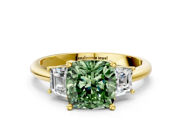 Fancy Green Cushion Cut Diamond Three-Stone Ring with Trapezoid Side Stones and Prong Setting Yellow gold