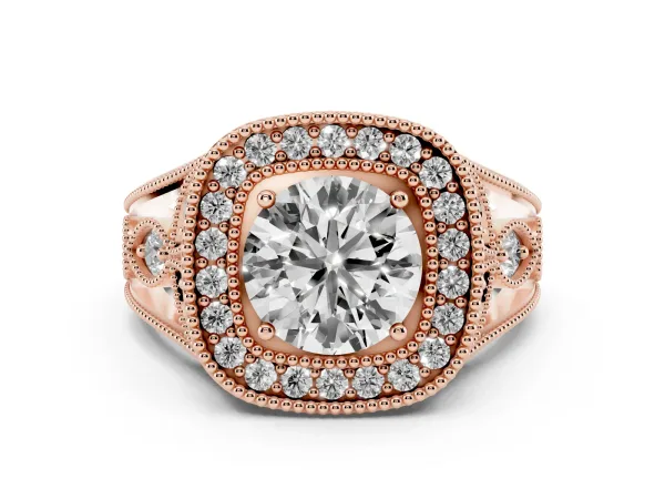 Round Cut Halo Vintage-Inspired Split Shank Ring with Milgrain Detailing Rose gold