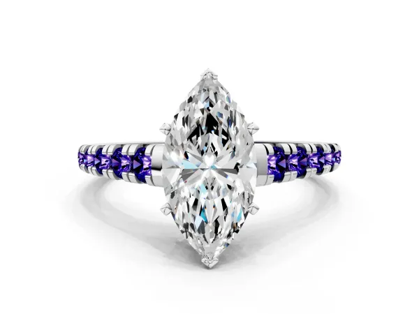 Marquise Cut Diamond Cathedral Solitaire Ring with Round Tanzanite Pavé Band White gold