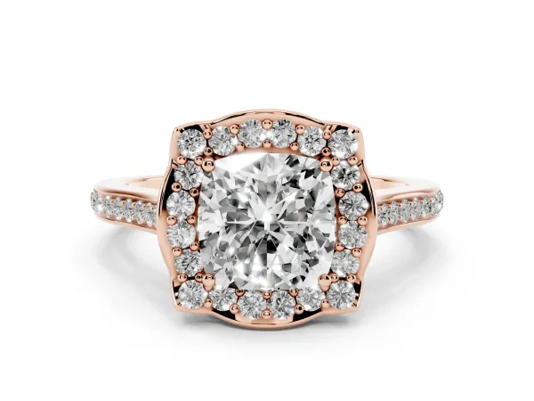 Cushion Cut Halo Round Diamond Pave Band with Four-Prong Setting Rose gold