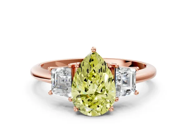 Fancy Yellow Pear Cut Diamond Three-Stone Ring with Trapezoid Side Stones and Prong Setting Rose gold