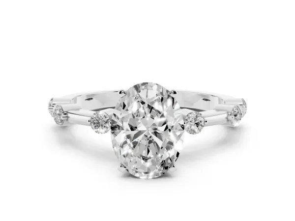 Oval Cut Solitaire Diamond Ring with Bezel Set Side Stones and Prong Setting Platinum
