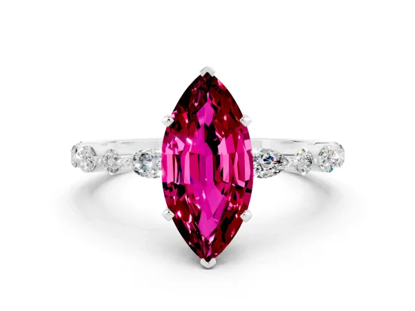 Marquise Cut Garnet Ring with Marquise and Round Side Stones and Four-Prong Setting White gold