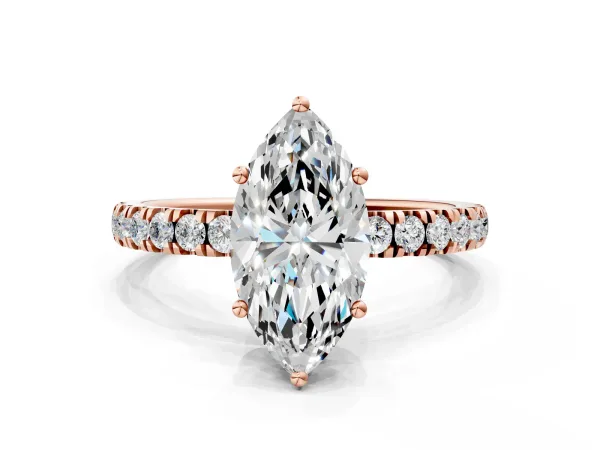 Marquise Cut Diamond Pave Band Solitaire Ring with Round Moissanite and Prong Setting Rose gold