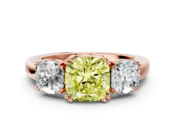 Fancy Yellow Three-Stone Cushion Cut Cut Diamond Ring with Channel Set Band and Four-Prong Setting Rose gold