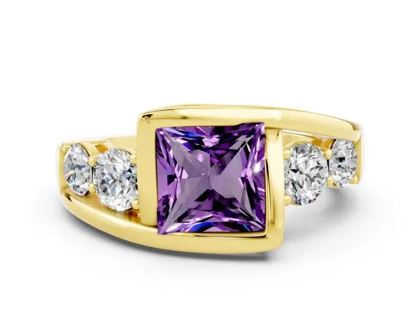 Bezel Set Princess Cut Amethyst Bypass Ring with Round Accents Yellow gold