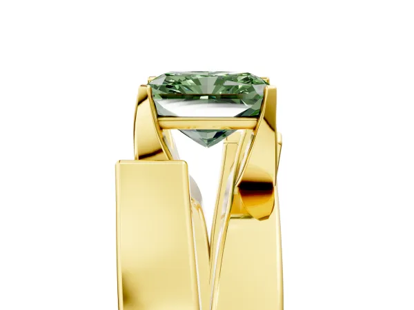 Fancy Green Modern Tension Set Radiant Cut Diamond Solitaire Wide Band Ring Yellow gold