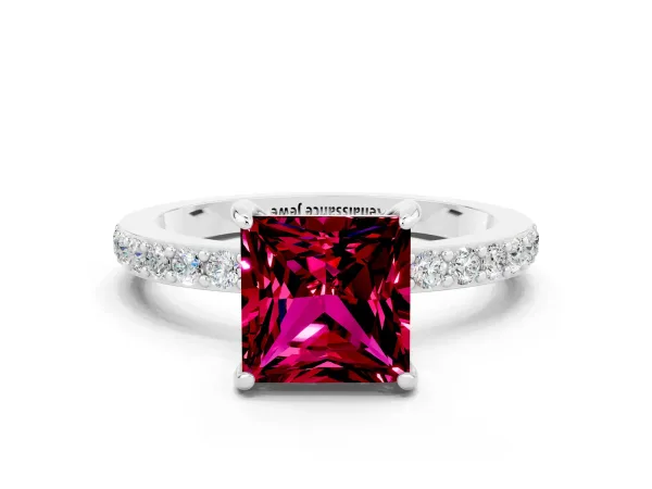Princess Cut Garnet Solitaire Engagement Ring with Pavé Band and Four-Prong Setting Platinum