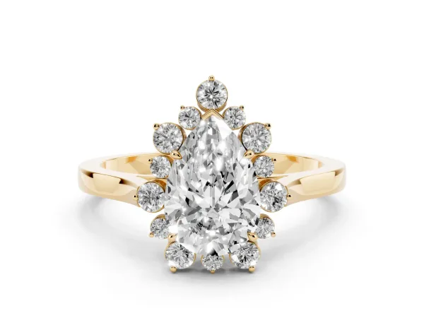 Pear Cut-Cut Diamond Halo Solitaire Ring with Round Brilliant Halo and Prong Setting Yellow gold