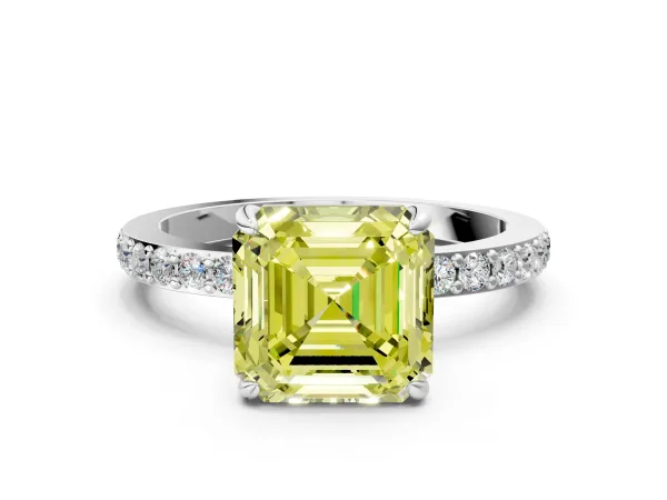 Fancy Yellow Asscher Cut Diamond Solitaire Engagement Ring with Pavé Band and Four-Prong Setting White gold