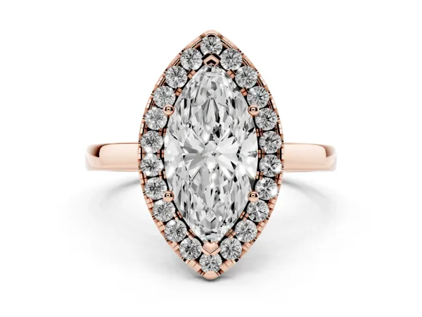 Marquise Cut Halo Diamond Solitaire with Pavé Band and Four-Prong Setting Rose gold
