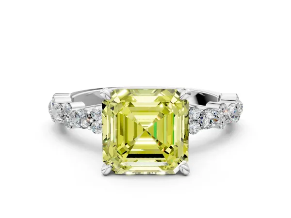 Fancy Yellow Asscher Cut Diamond Side Stone Solitaire Ring with Round and Four-Prong Setting Platinum