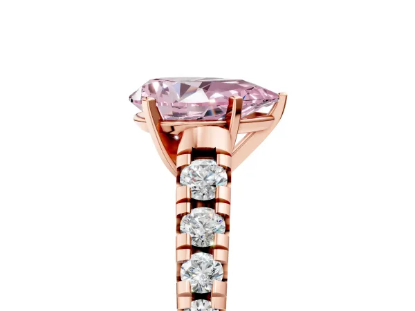 Fancy Pink Pear Cut Diamond Cathedral Solitaire Ring with Round Pavé Band Rose gold
