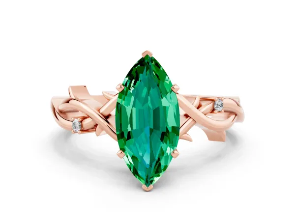 Marquise Cut Emerald Solitaire Ring with Milgrain Pavé Band and Four-Prong Setting Rose gold