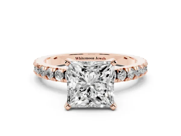 Princess Cut Diamond Pavé Band Solitaire with Four-Prong Setting Rose gold