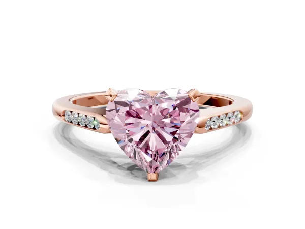 Fancy Pink Heart Cut Diamond Solitaire Ring with Channel Set Round Band and Prong Setting Rose gold