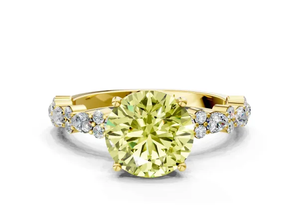 Fancy Yellow Round Cut Diamond Side Stone Solitaire Ring with Round and Four-Prong Setting Yellow gold
