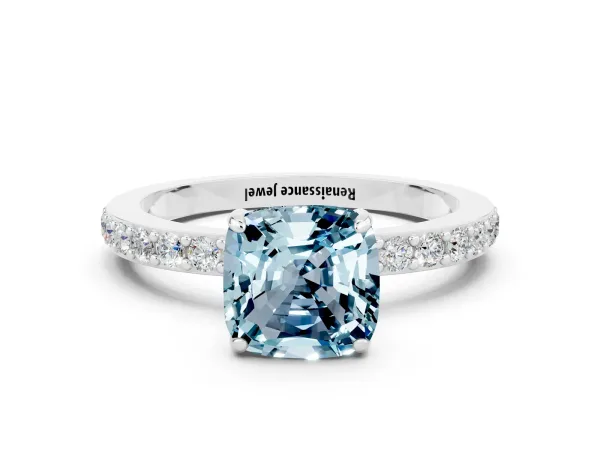 Cushion Cut Aquamarine Pavé Engagement Ring with Round Accents and Prong Setting Platinum