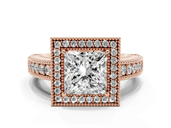 Princess Cut Cut Halo Diamond Ring with Pavé Band and Four-Prong Setting Rose gold