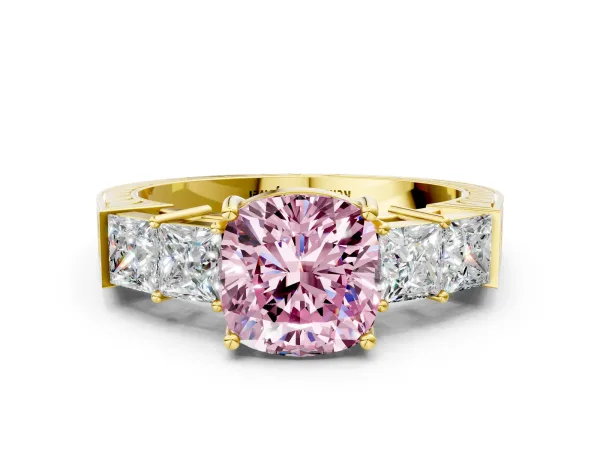 Fancy Pink Cushion Cut Solitaire Princess Side Stone Engraved Band Prong Setting Ring Yellow gold