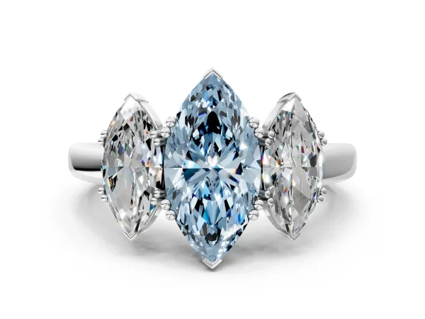 Fancy Blue Three-Stone Marquise Cut Cut Diamond Ring with Channel Set Band and Four-Prong Setting Platinum