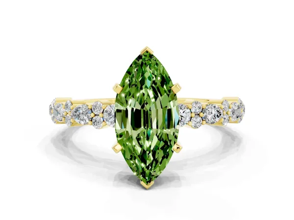 Marquise Cut Peridot Side Stone Solitaire Ring with Round and Four-Prong Setting Yellow gold