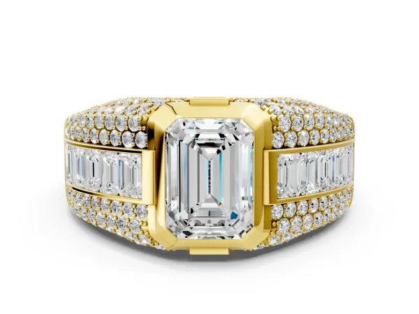 Emerald Cut Diamond Mens Ring with Side Stones Yellow gold