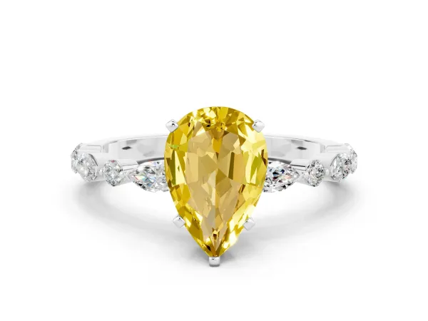 Pear Cut Yellow Sapphire Ring with Marquise and Round Side Stones and Four-Prong Setting White gold